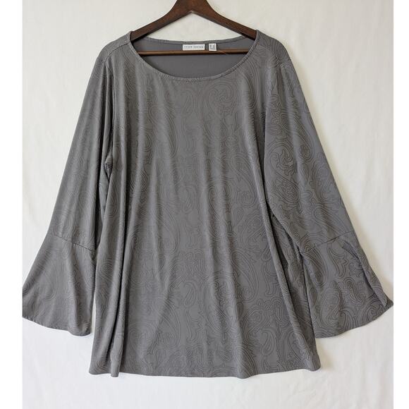 Susan Graver Liquid Knits Gray Beaded Paisley Top Womens‎ Size 1X Flare Sleeves - Picture 1 of 8